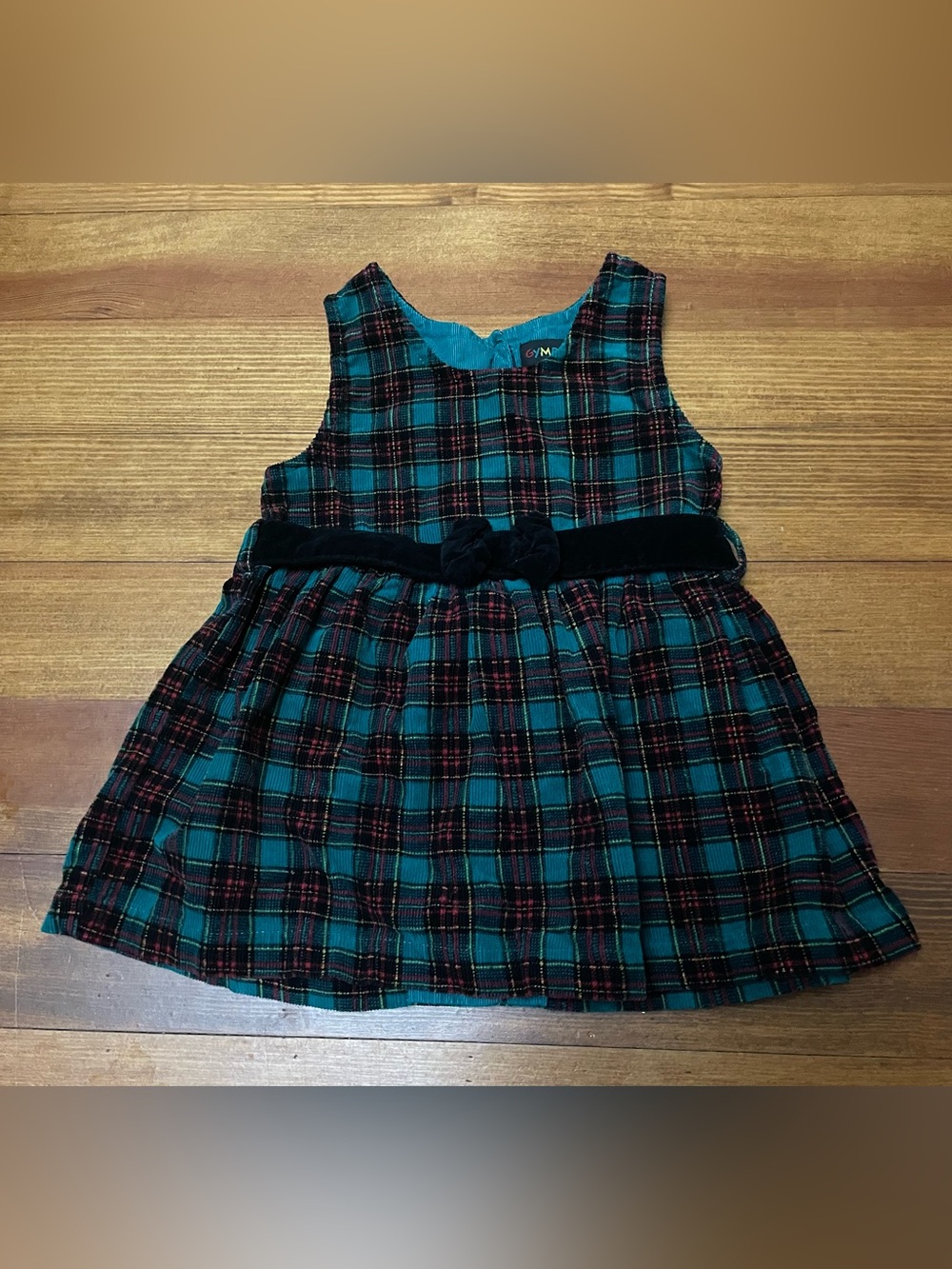 Vintage Gymboree Rainbow TAG Teal & Black Plaid Velvet-Belt Dress Size XS
